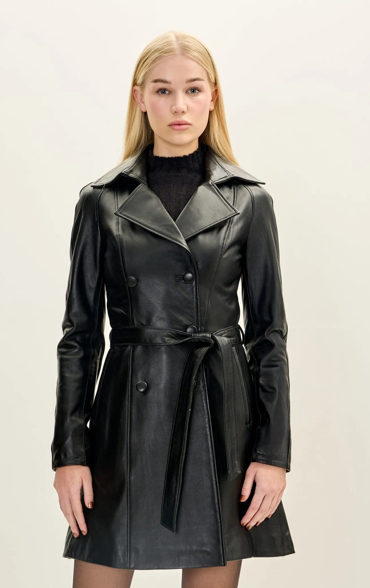 Lambskin Leather Double Breasted Trench Coat - Black