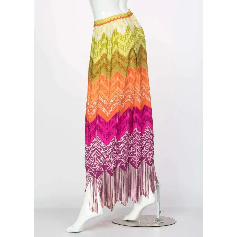 LANVIN Silk Rainbow Print Fringe Maxi Skirt, 1970s | Small/Medium