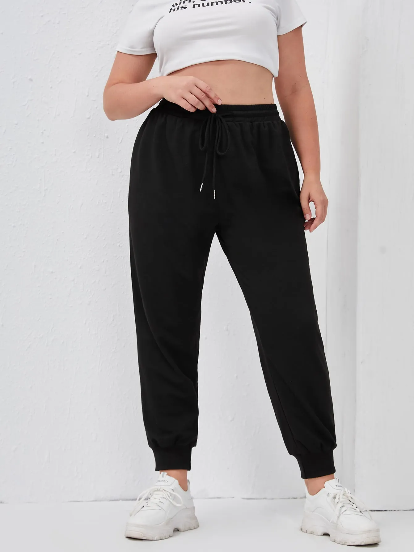 Letter Drawstring Natural Cropped Plus Size Sweatpants