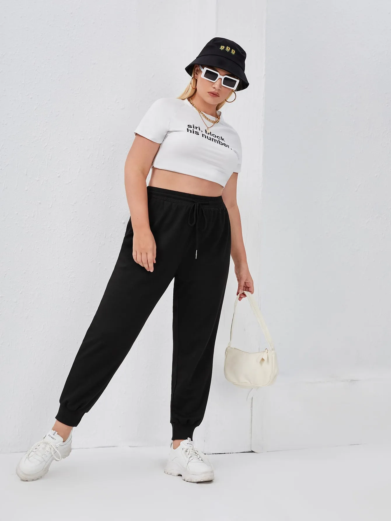 Letter Drawstring Natural Cropped Plus Size Sweatpants