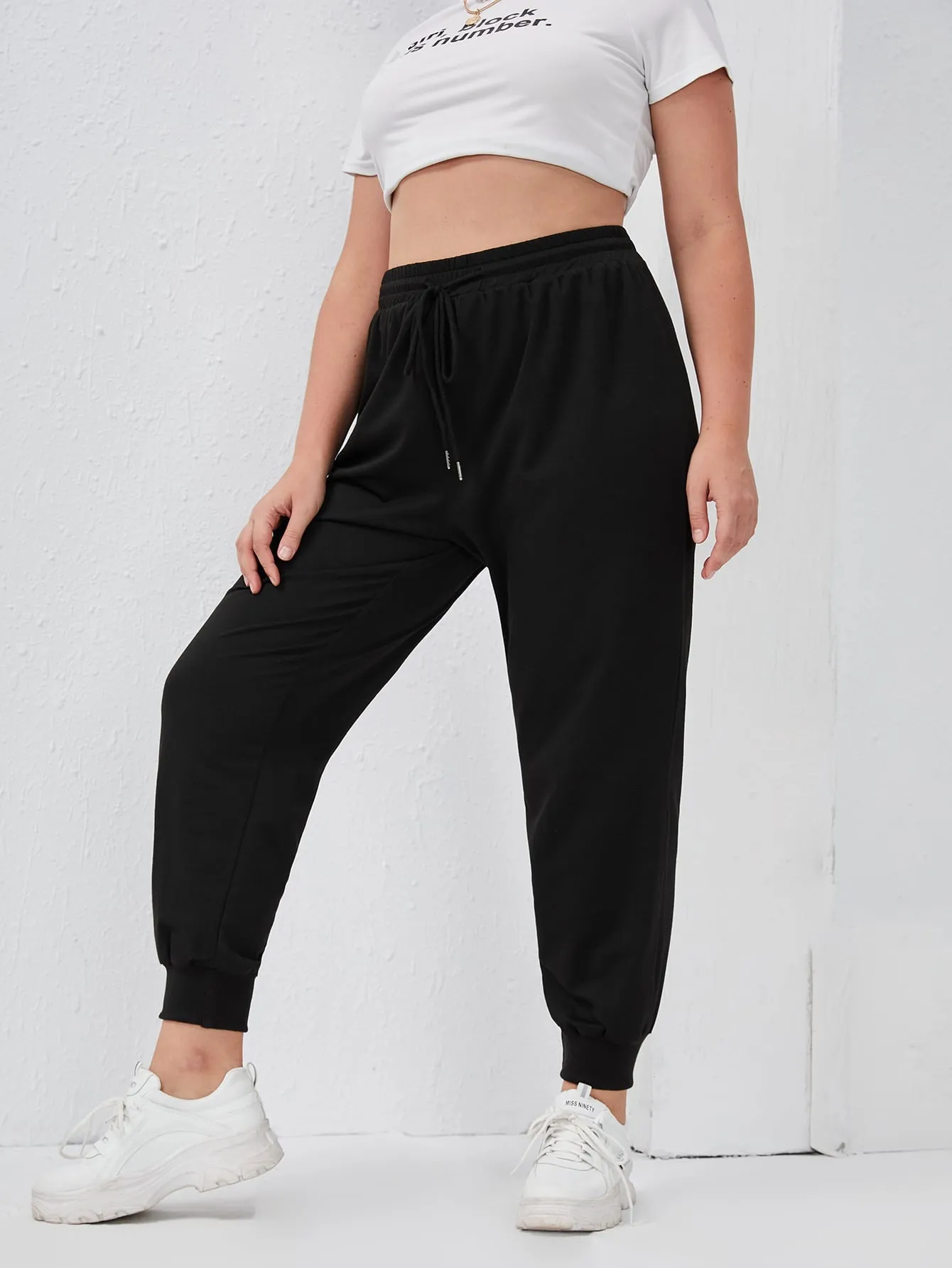 Letter Drawstring Natural Cropped Plus Size Sweatpants