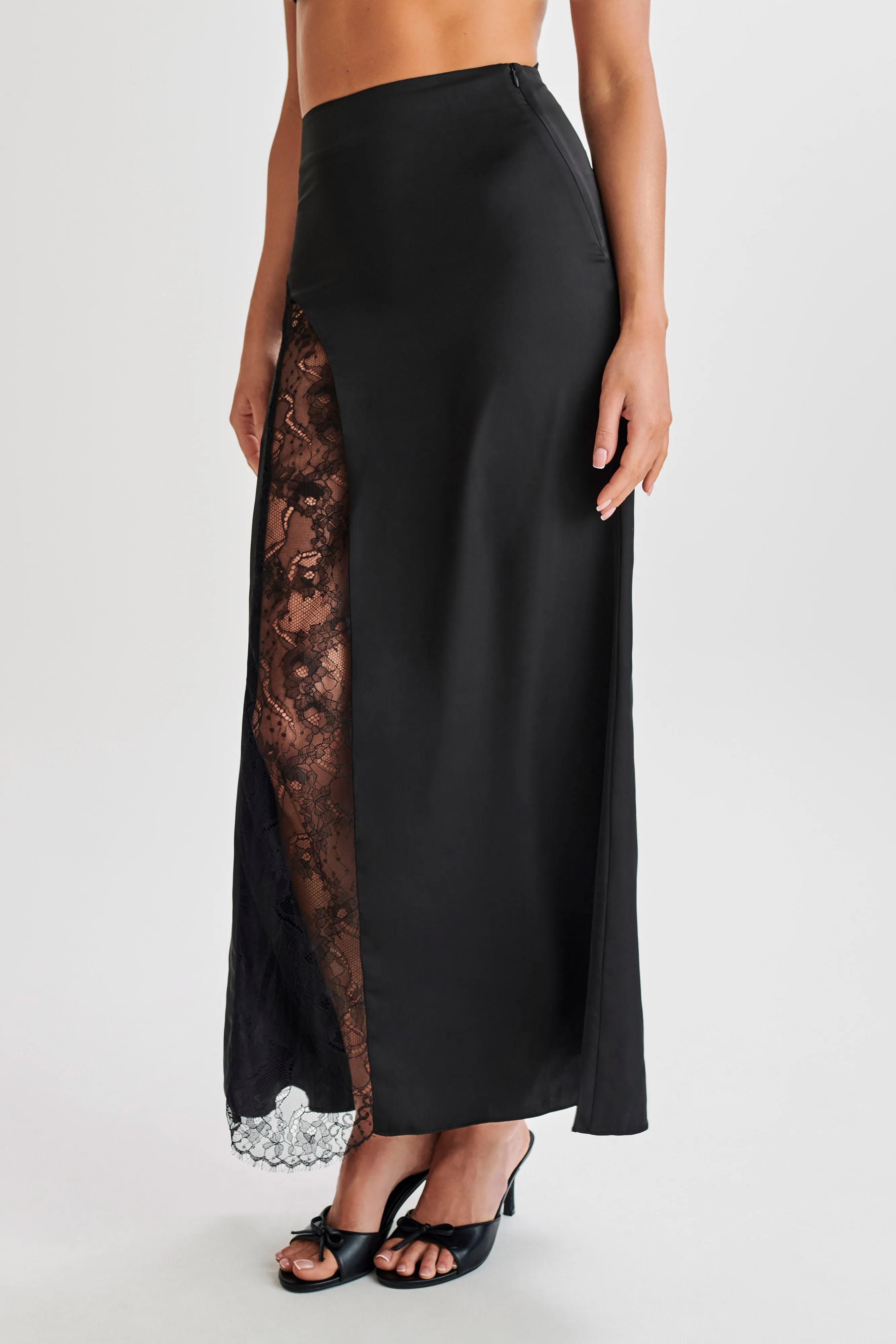 Luella Satin Lace Maxi Skirt - Black