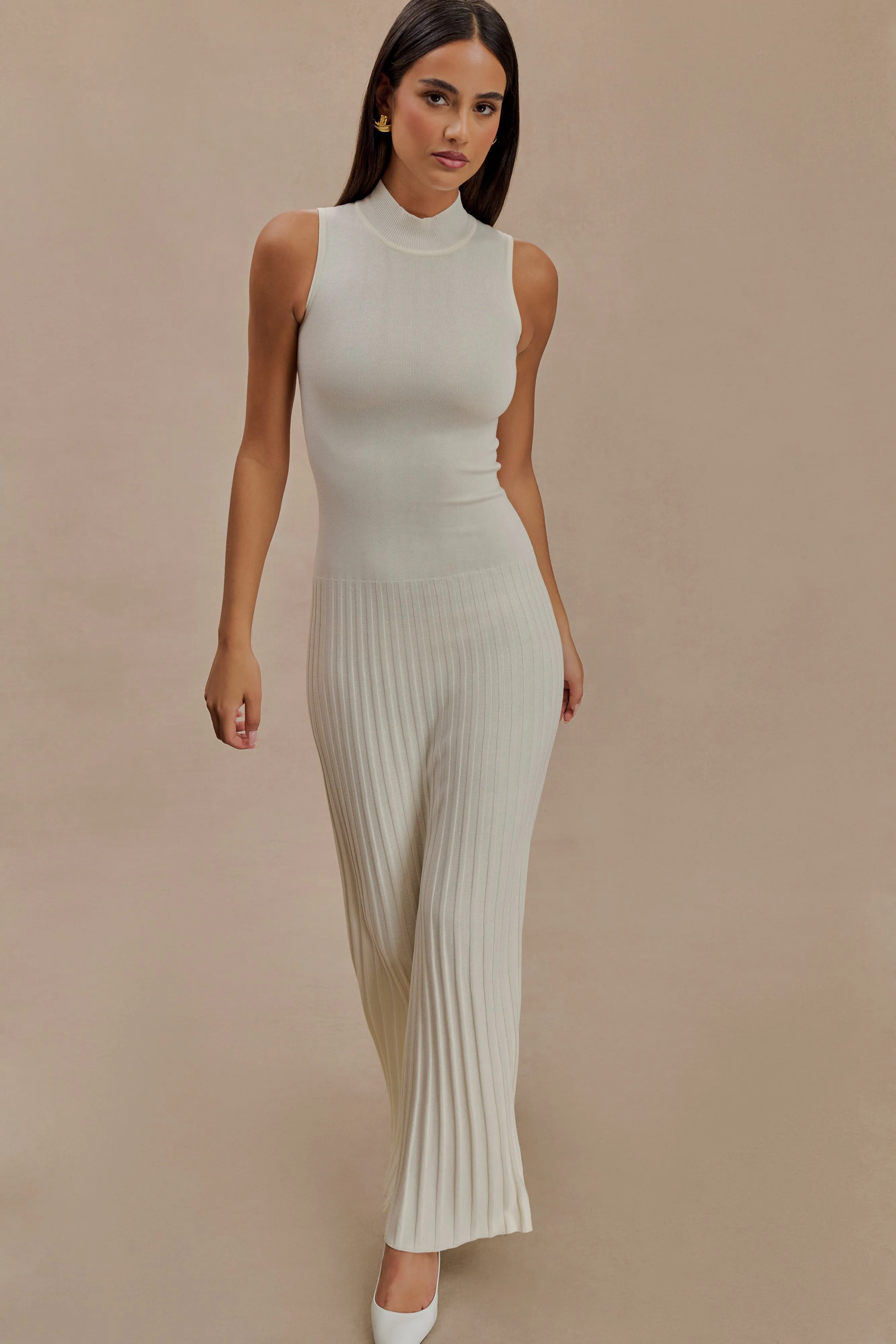 Mavis High Neck Pleated Maxi Dress - Ivory