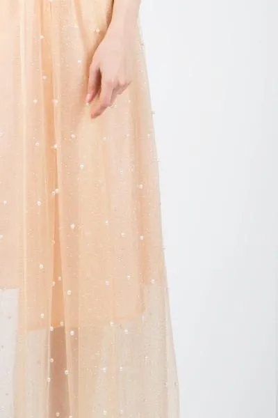 Maxi Length Tulle Skirt with Pearls - Peach - One Size