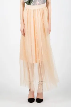 Maxi Length Tulle Skirt with Pearls - Peach - One Size