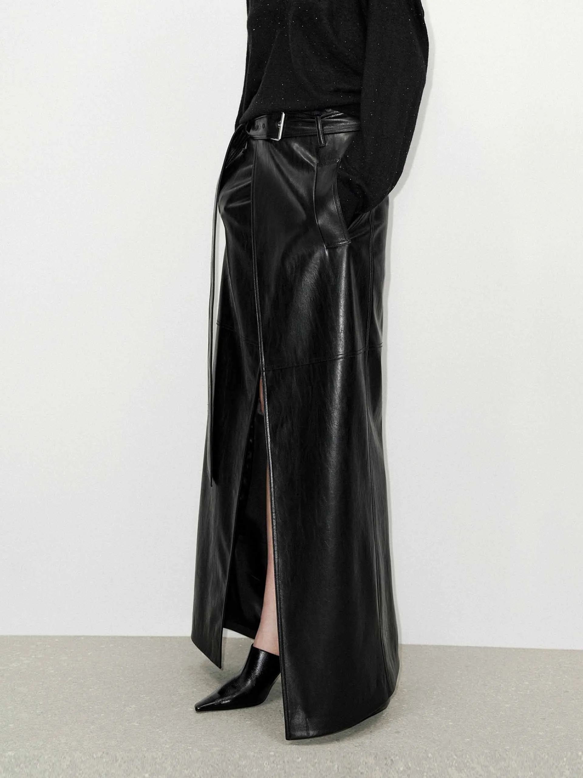 Maxi Slit Detail Leather Skirt