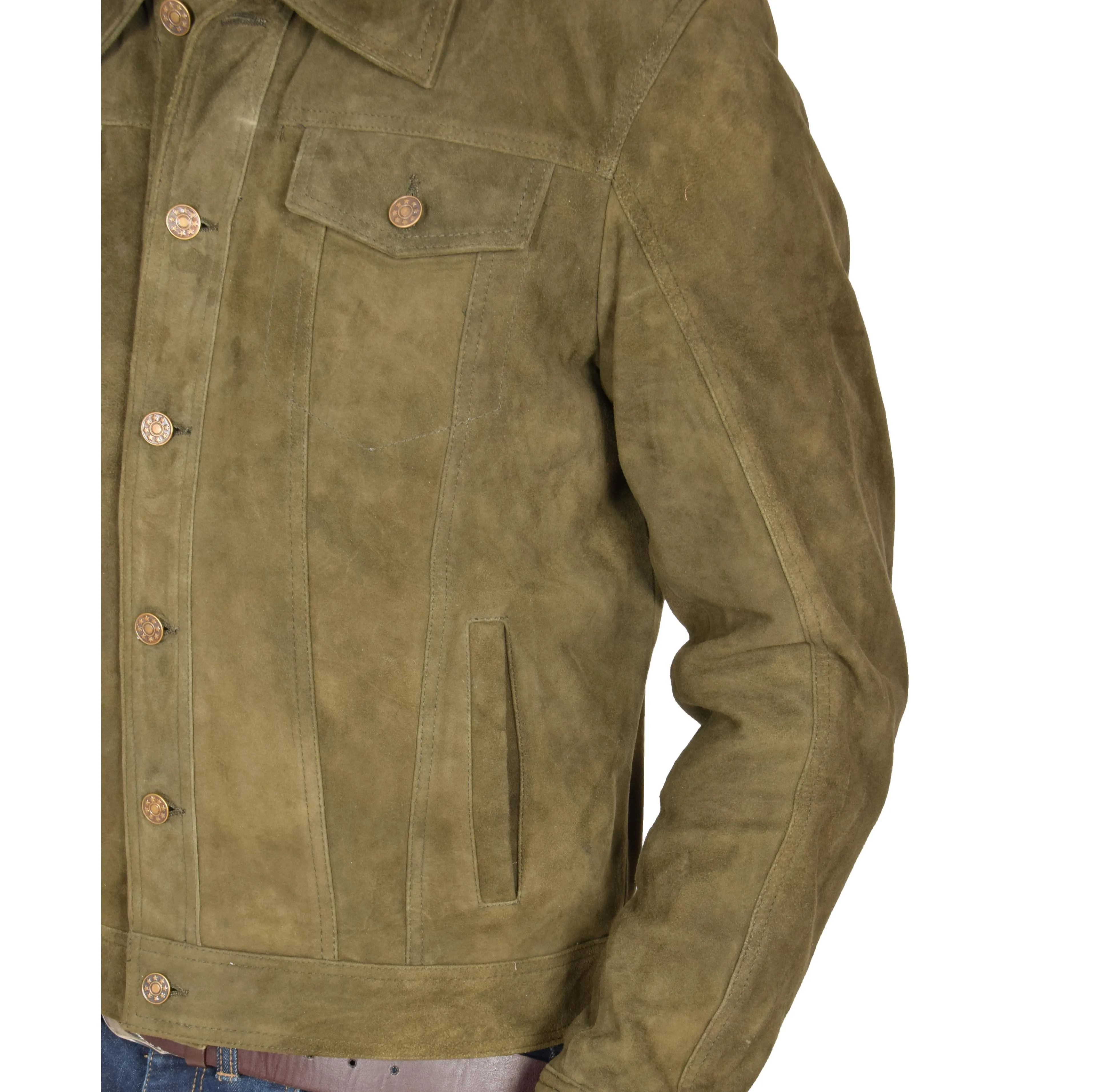 Mens Real Soft Goat Suede Trucker Denim Style Jacket Chuck Green