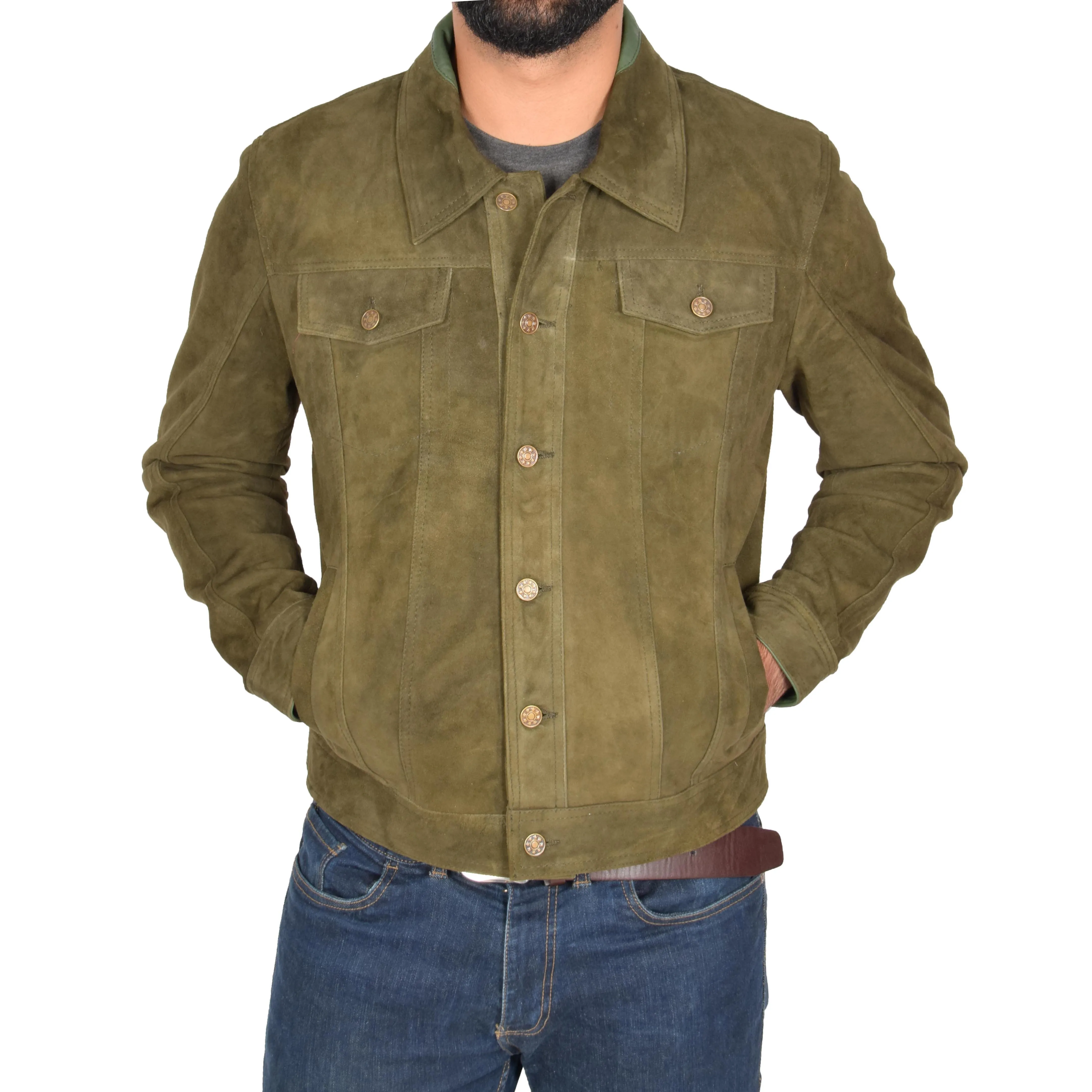 Mens Real Soft Goat Suede Trucker Denim Style Jacket Chuck Green