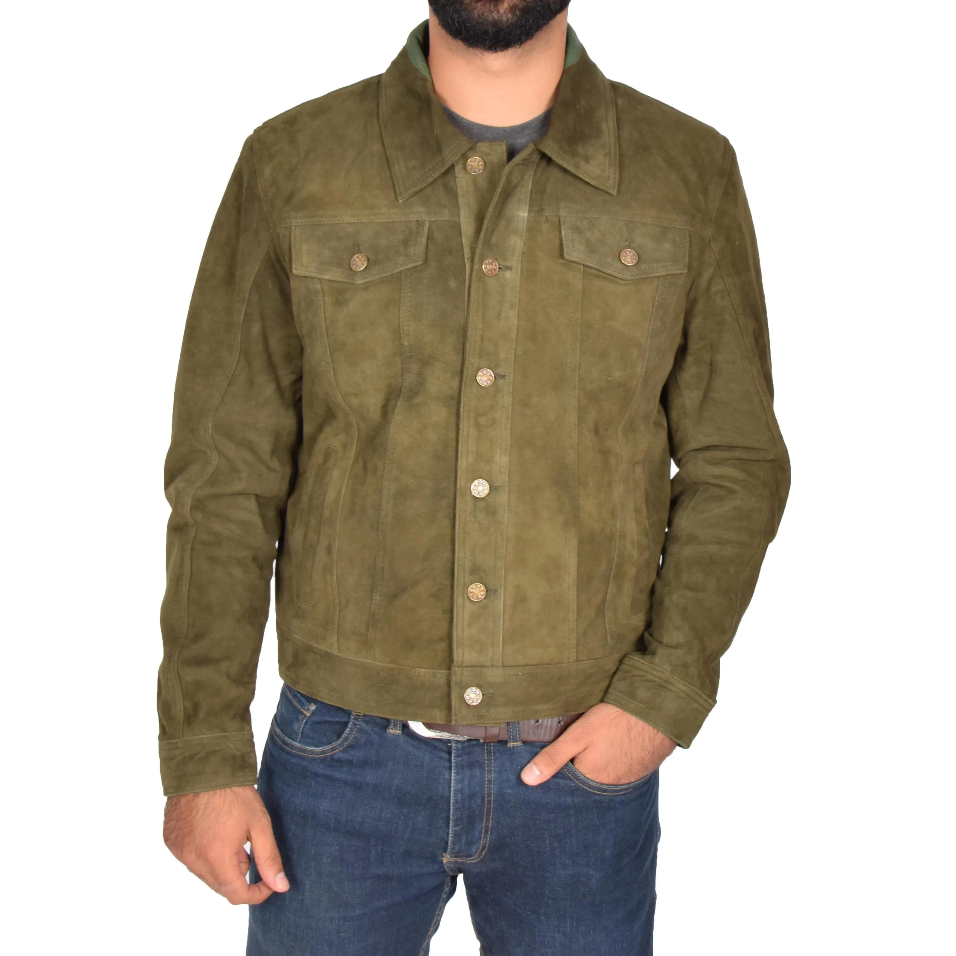 Mens Real Soft Goat Suede Trucker Denim Style Jacket Chuck Green