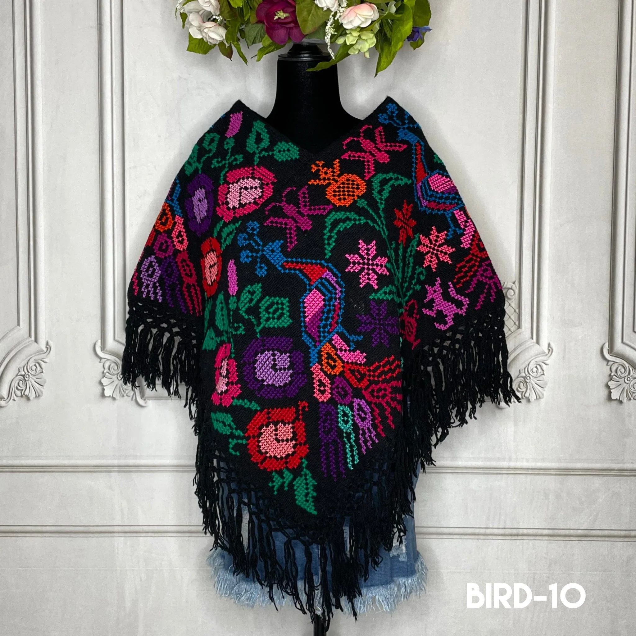 Mexican Cape Poncho Cross Stitch Black Peacock