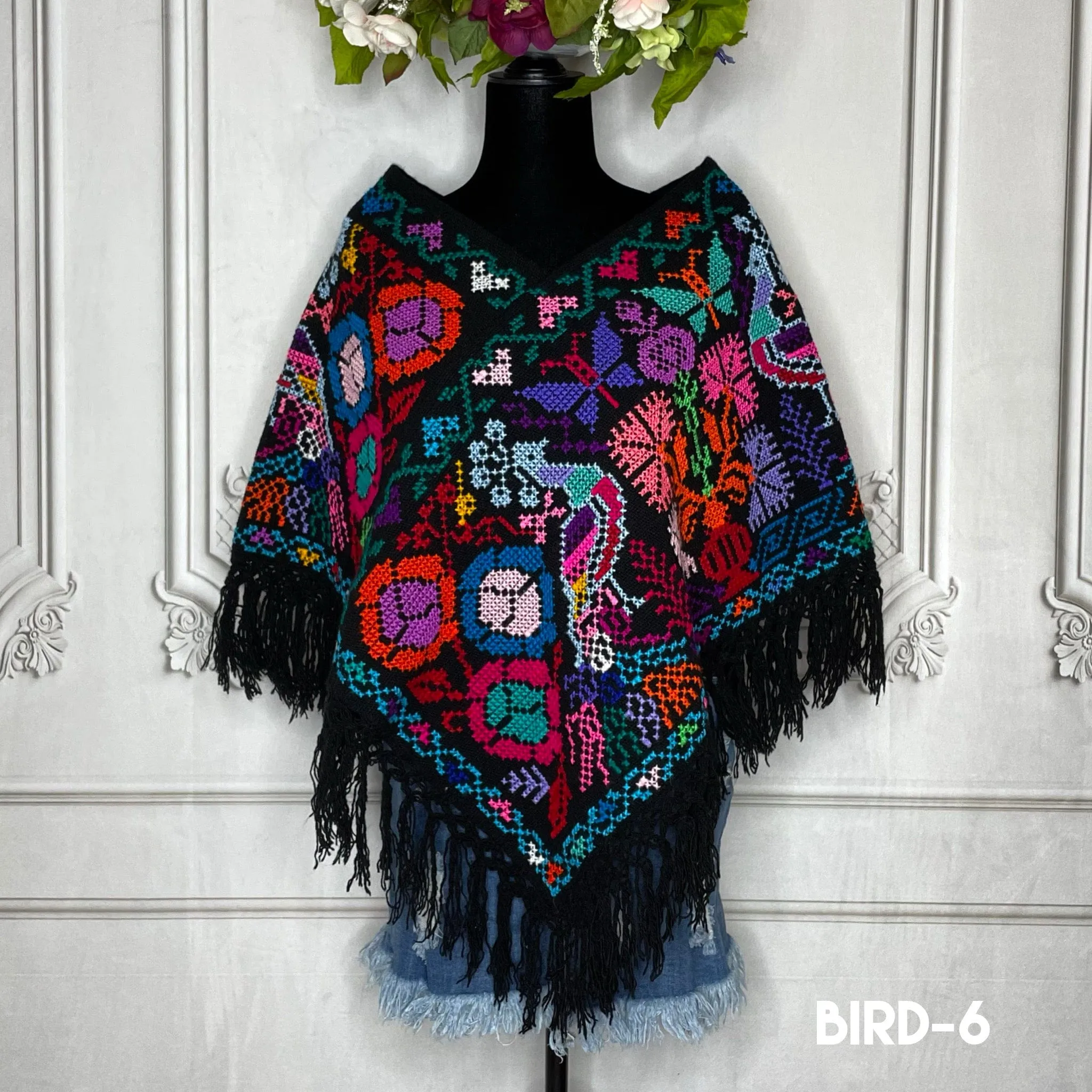 Mexican Cape Poncho Cross Stitch Black Peacock