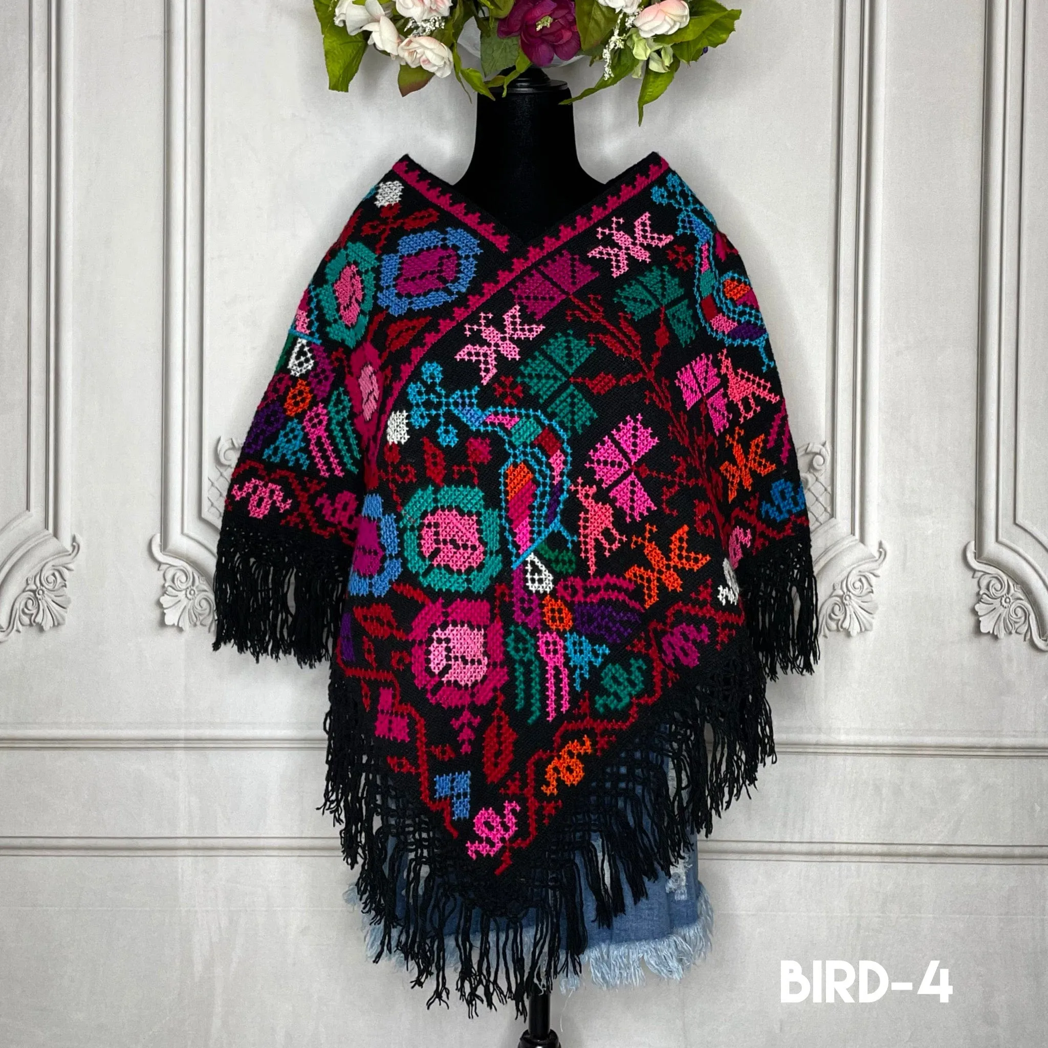 Mexican Cape Poncho Cross Stitch Black Peacock