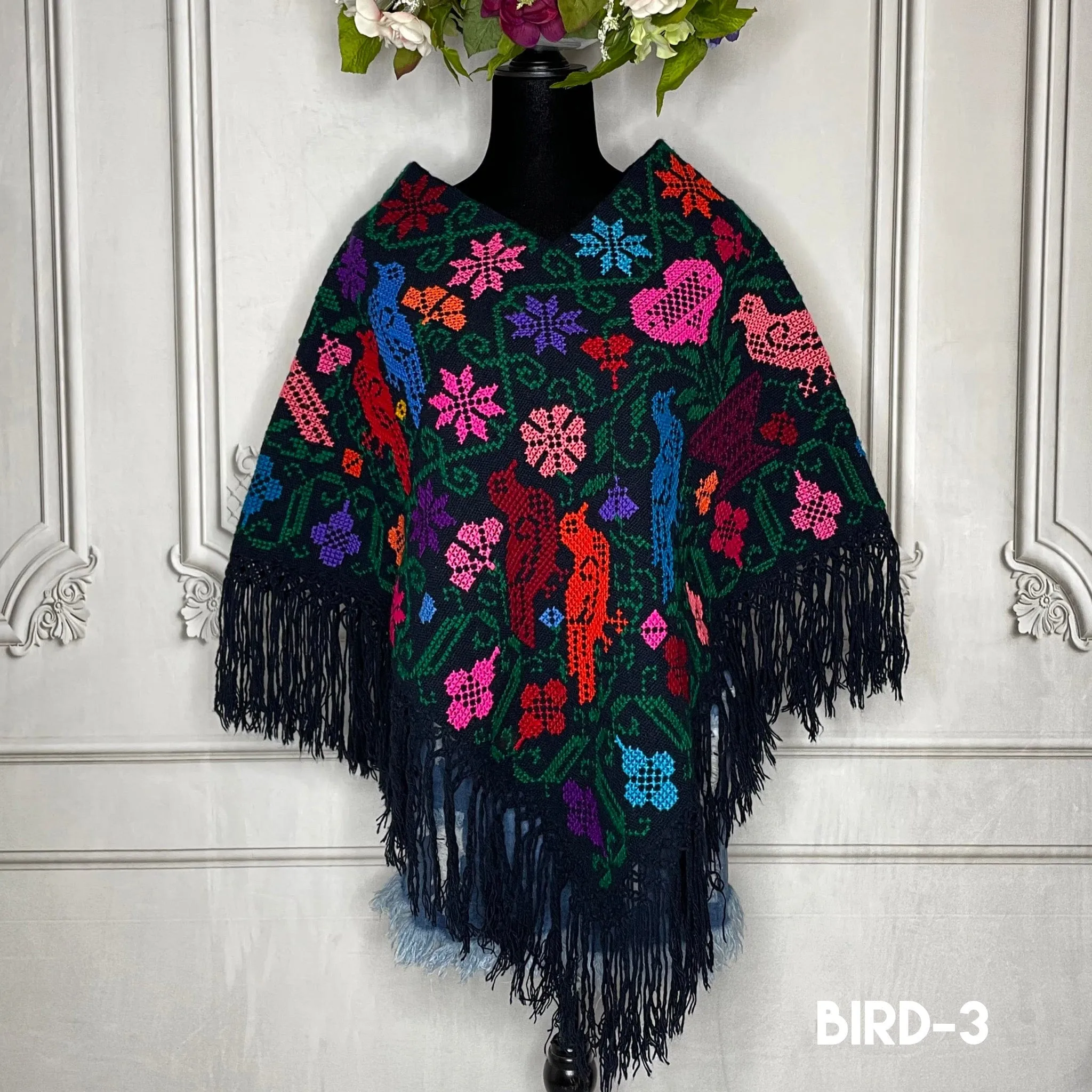 Mexican Cape Poncho Cross Stitch Black Peacock