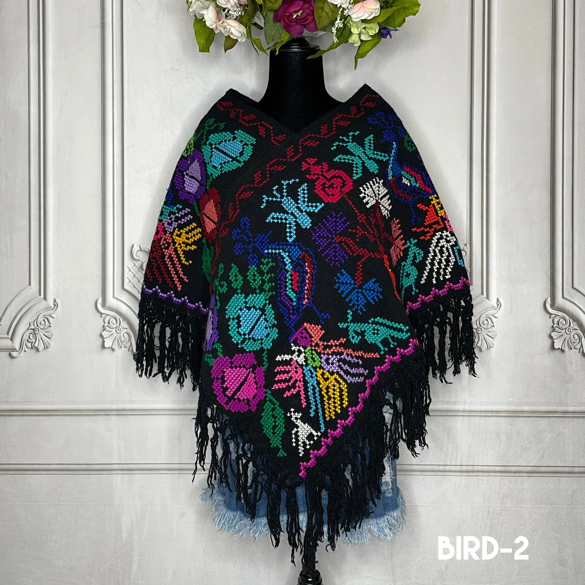 Mexican Cape Poncho Cross Stitch Black Peacock