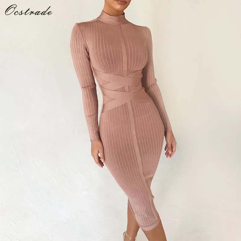 Nude Turtleneck Bandage Dress