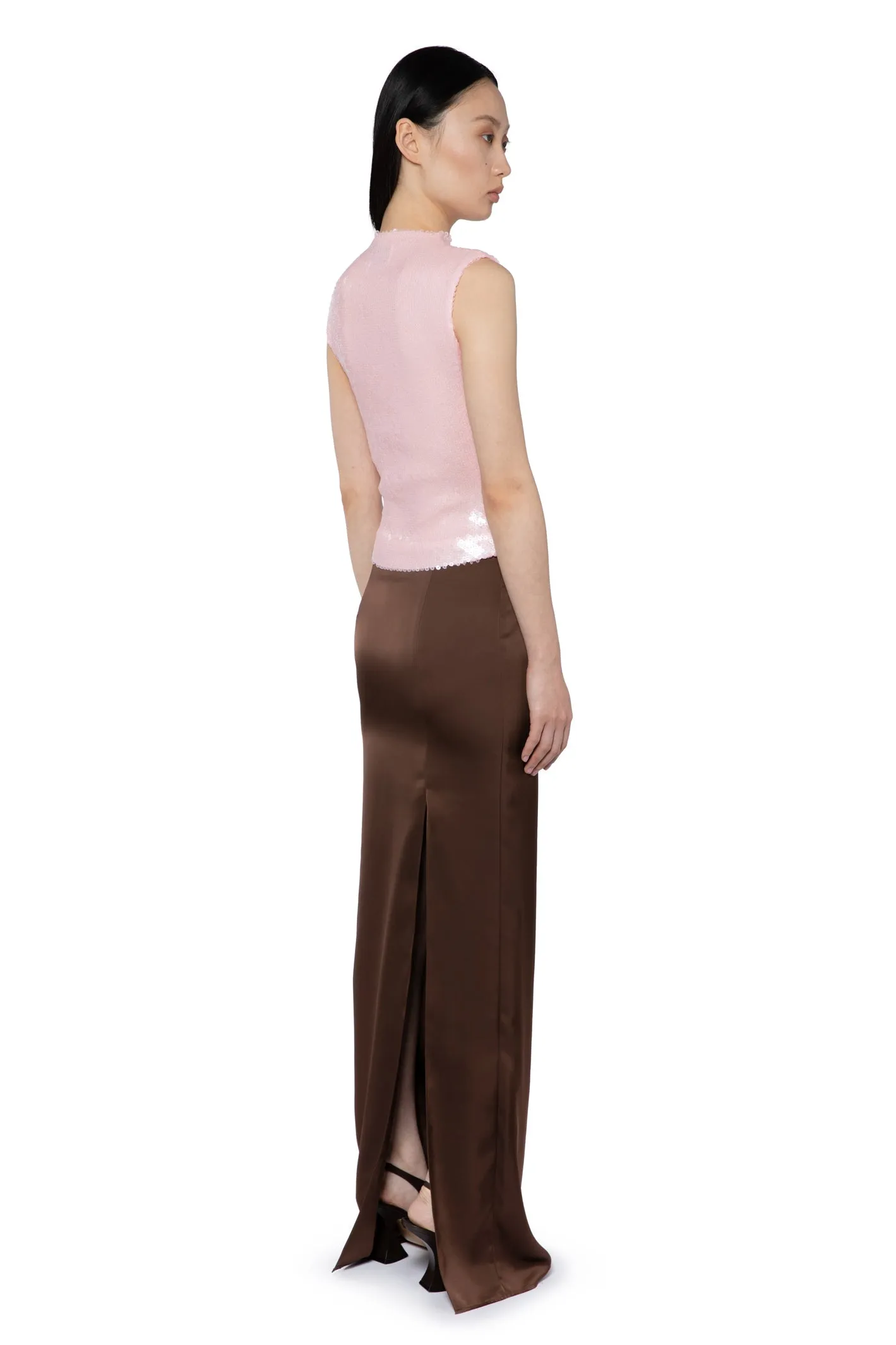 OLWYN MAXI SKIRT IN CHOCOLATE BROWN SATIN