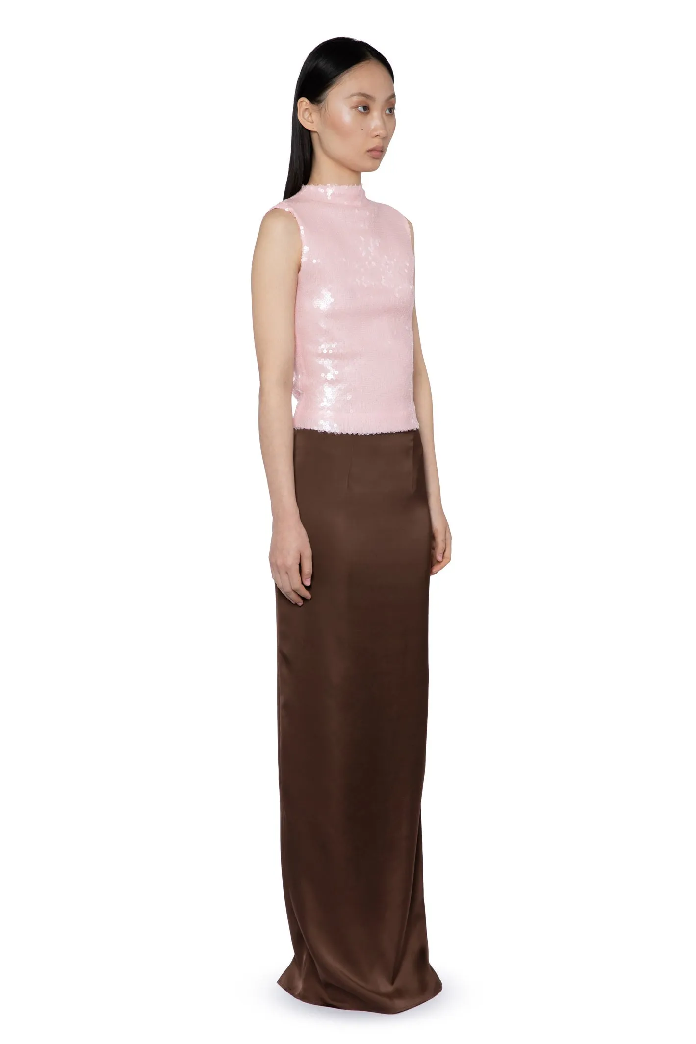 OLWYN MAXI SKIRT IN CHOCOLATE BROWN SATIN