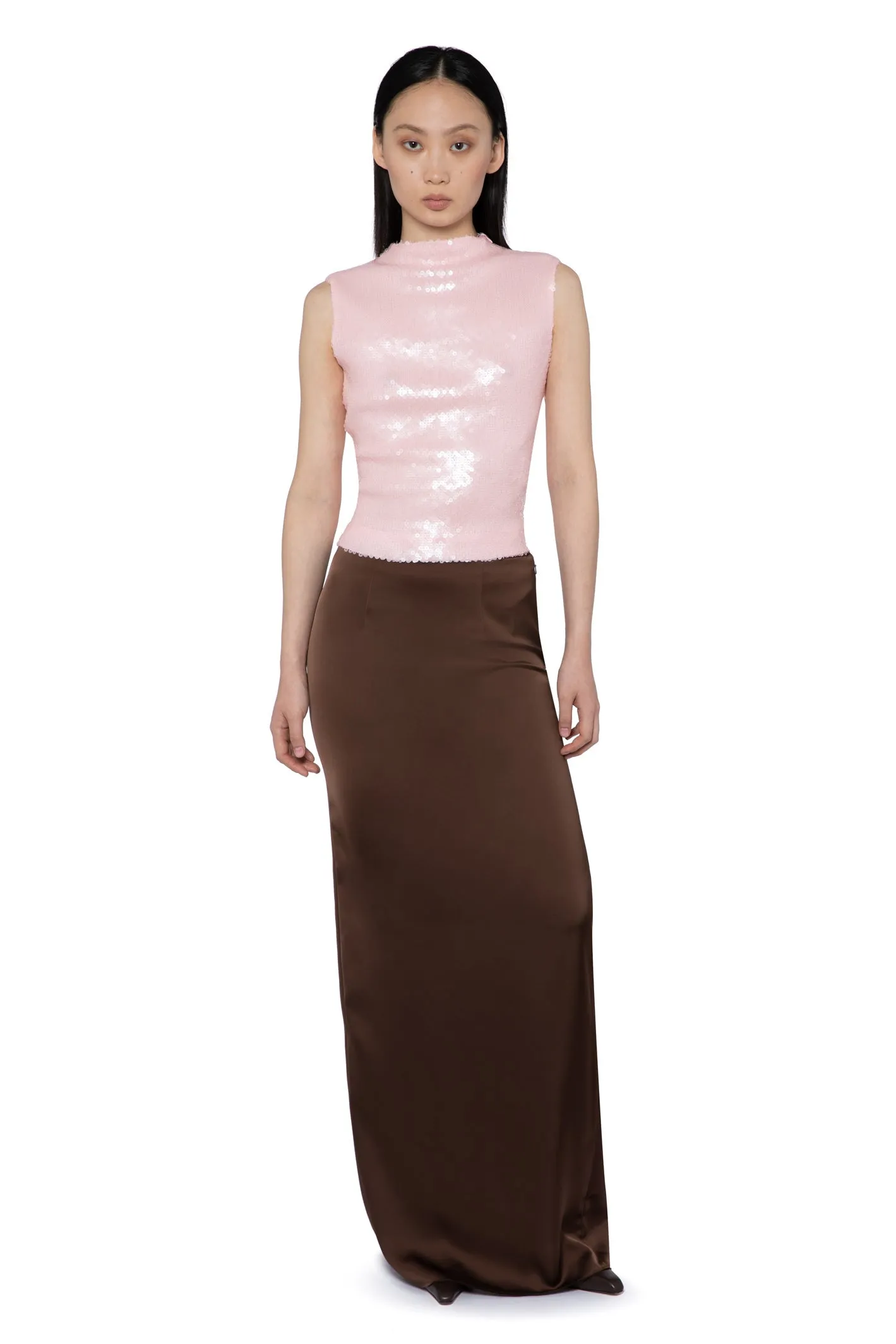 OLWYN MAXI SKIRT IN CHOCOLATE BROWN SATIN