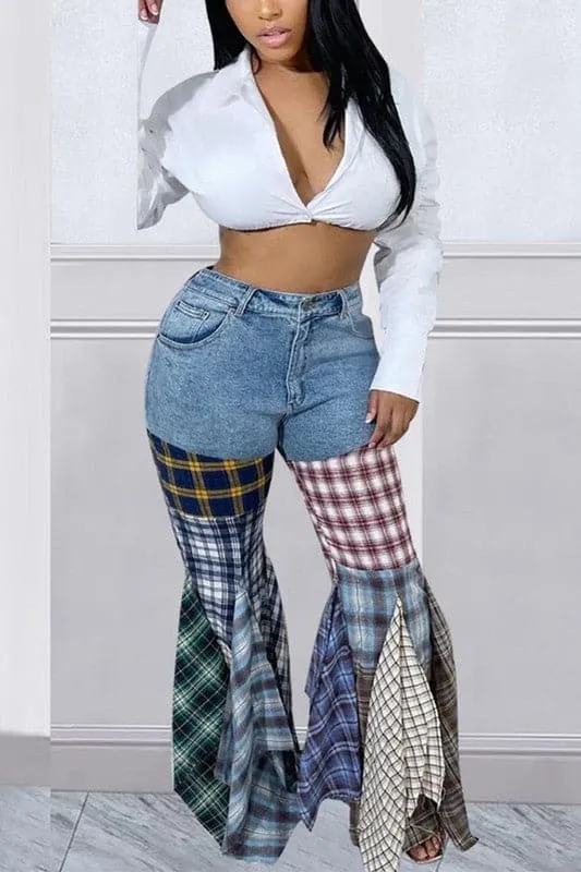 PA067 Plaid Denim Long Pants