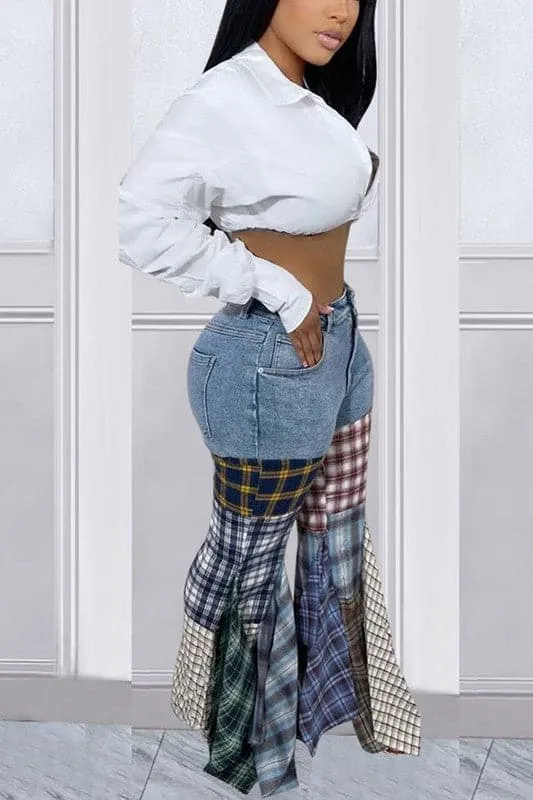 PA067 Plaid Denim Long Pants