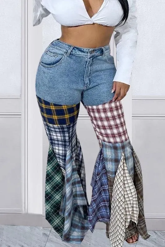 PA067 Plaid Denim Long Pants