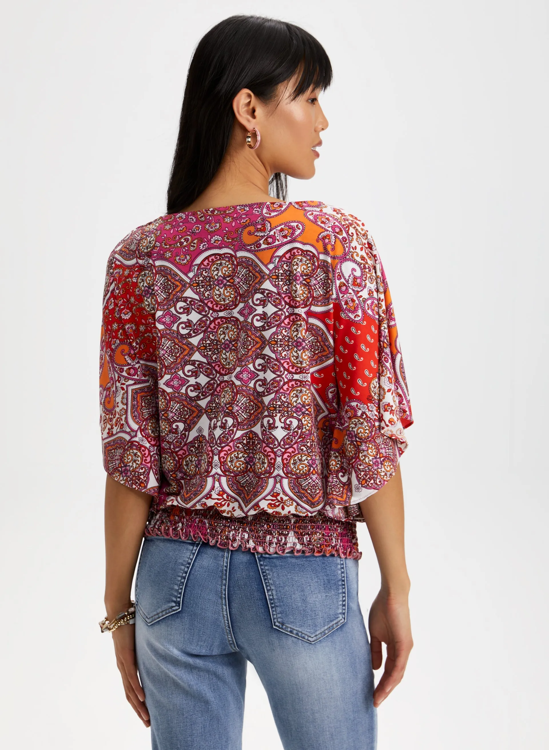 Patchwork Print Poncho Sleeve Top