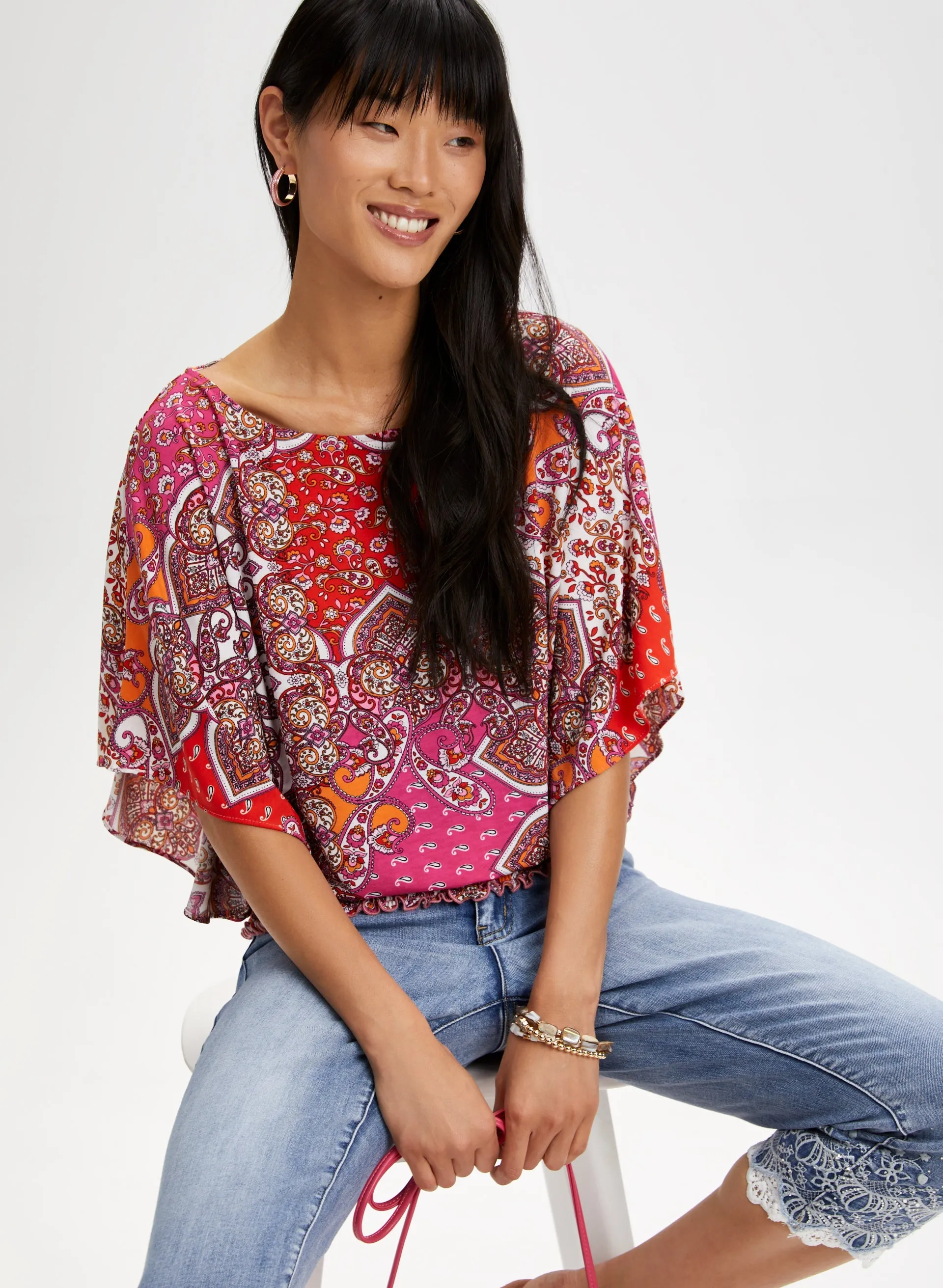 Patchwork Print Poncho Sleeve Top