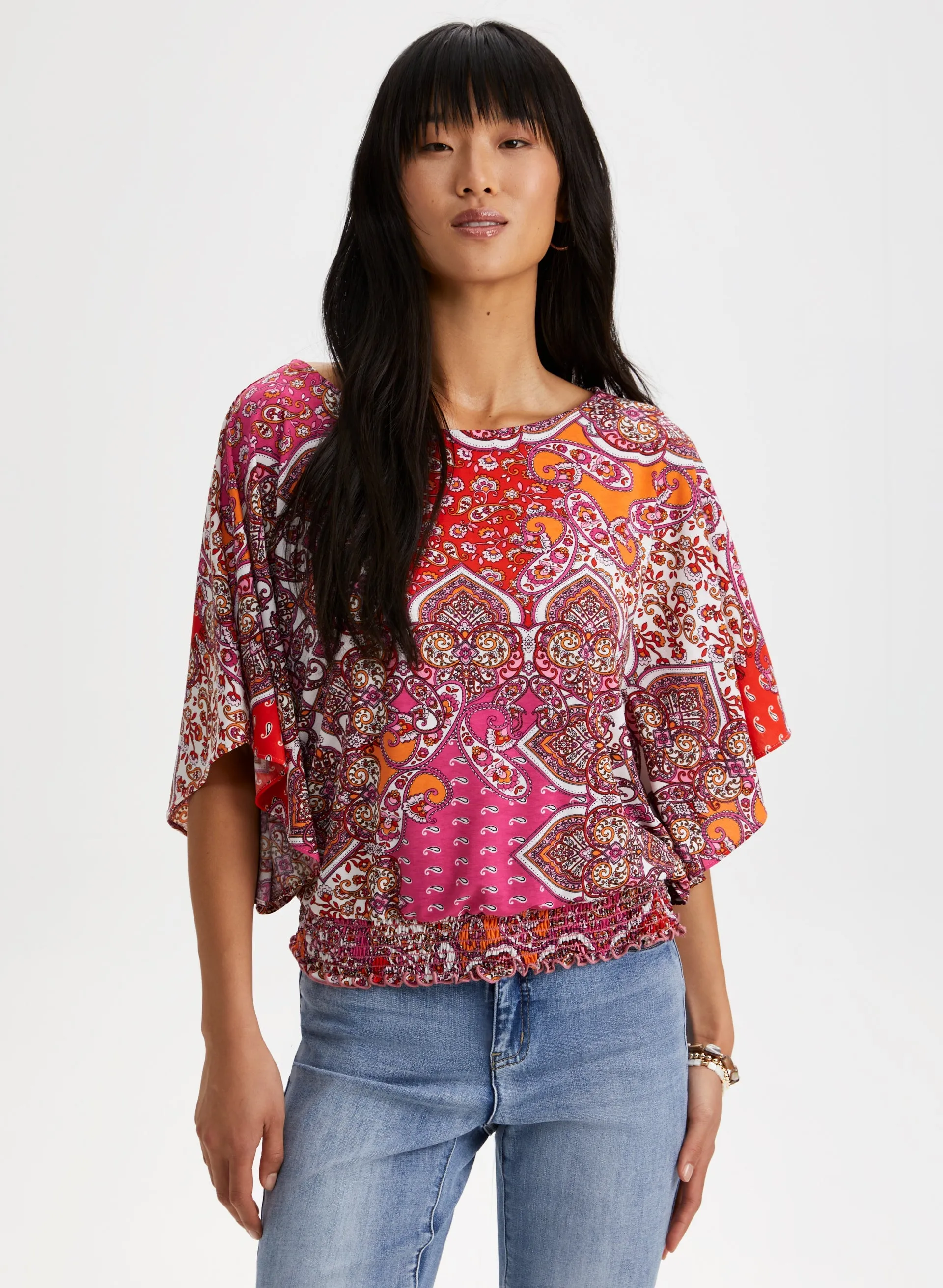 Patchwork Print Poncho Sleeve Top