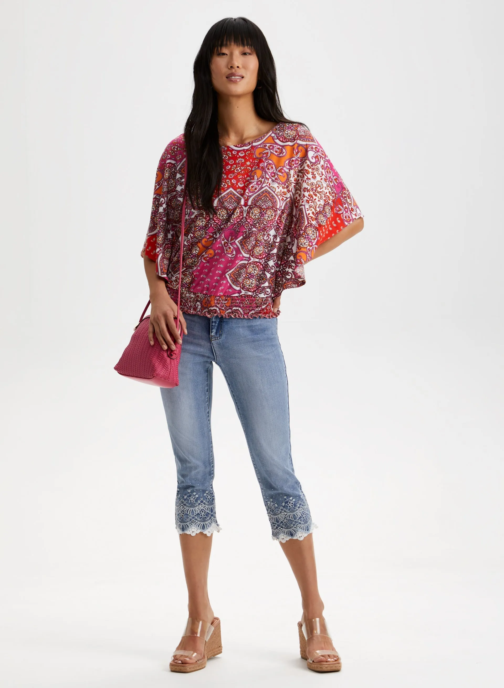 Patchwork Print Poncho Sleeve Top