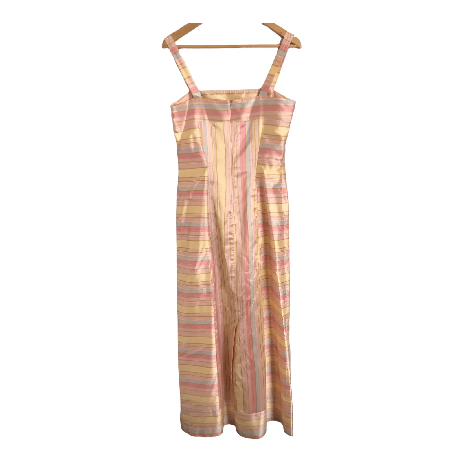 Paule Vasseur Paris Vintage 100% Silk Sleeveless Shift Summer Maxi Dress Pink Yellow Multi Striped UK Size 10-12