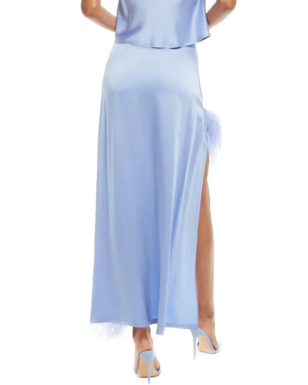 Periwinkle Satin Asymmetrical Ostrich Feather Maxi Skirt