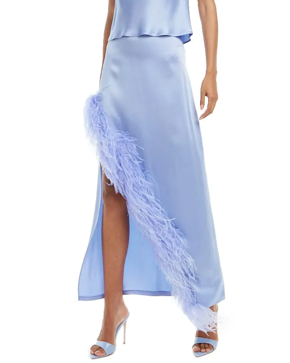 Periwinkle Satin Asymmetrical Ostrich Feather Maxi Skirt