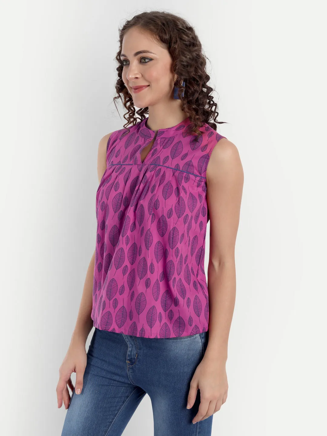 Pink & Navy Blue Graphic Print Mandarin Collar Pure Cotton Top