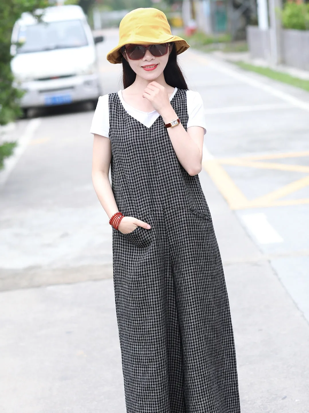 Plaid Linen Summer Jumpsuits Autumn Women Overall Casual Pants SMM97219