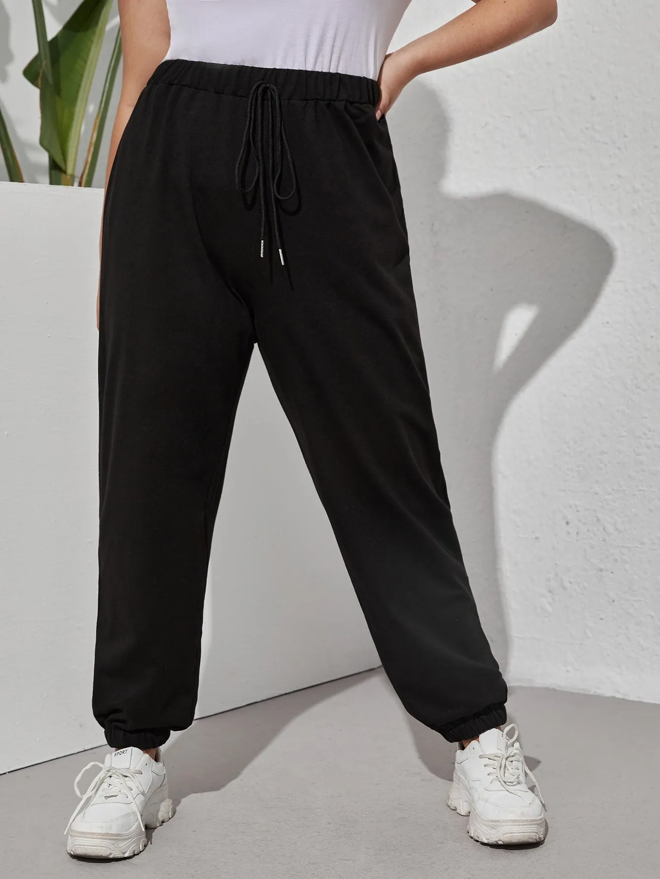 Plain Fake Drawstring Natural Long Plus Size Sweatpants