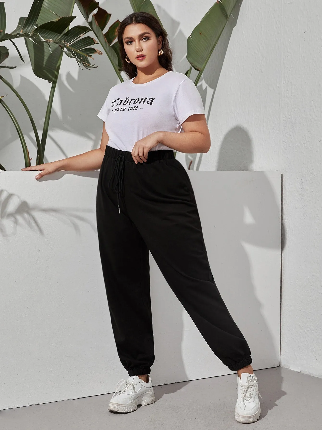 Plain Fake Drawstring Natural Long Plus Size Sweatpants