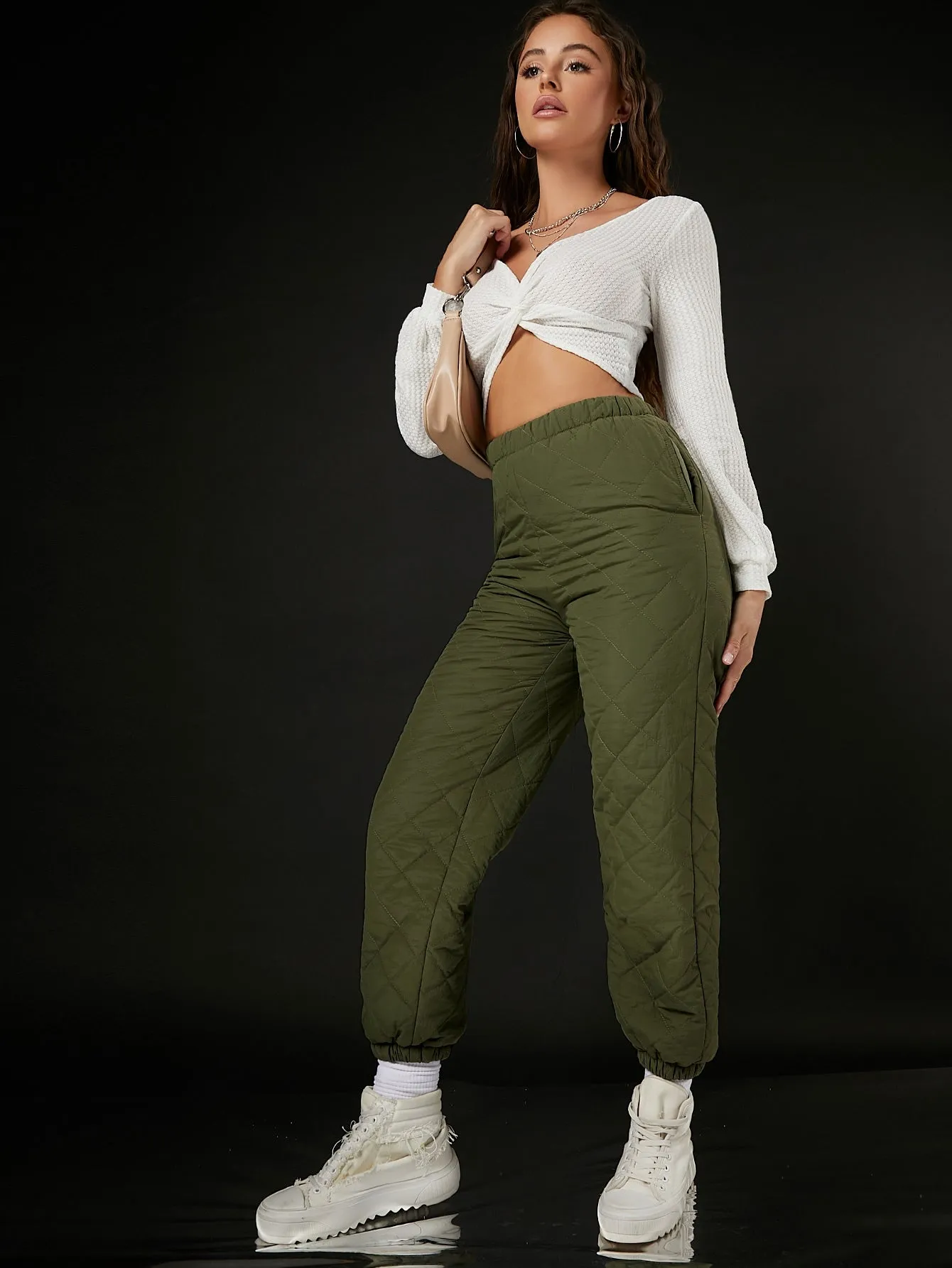 Plain Pocket High Waist Cropped Women Sweatpants