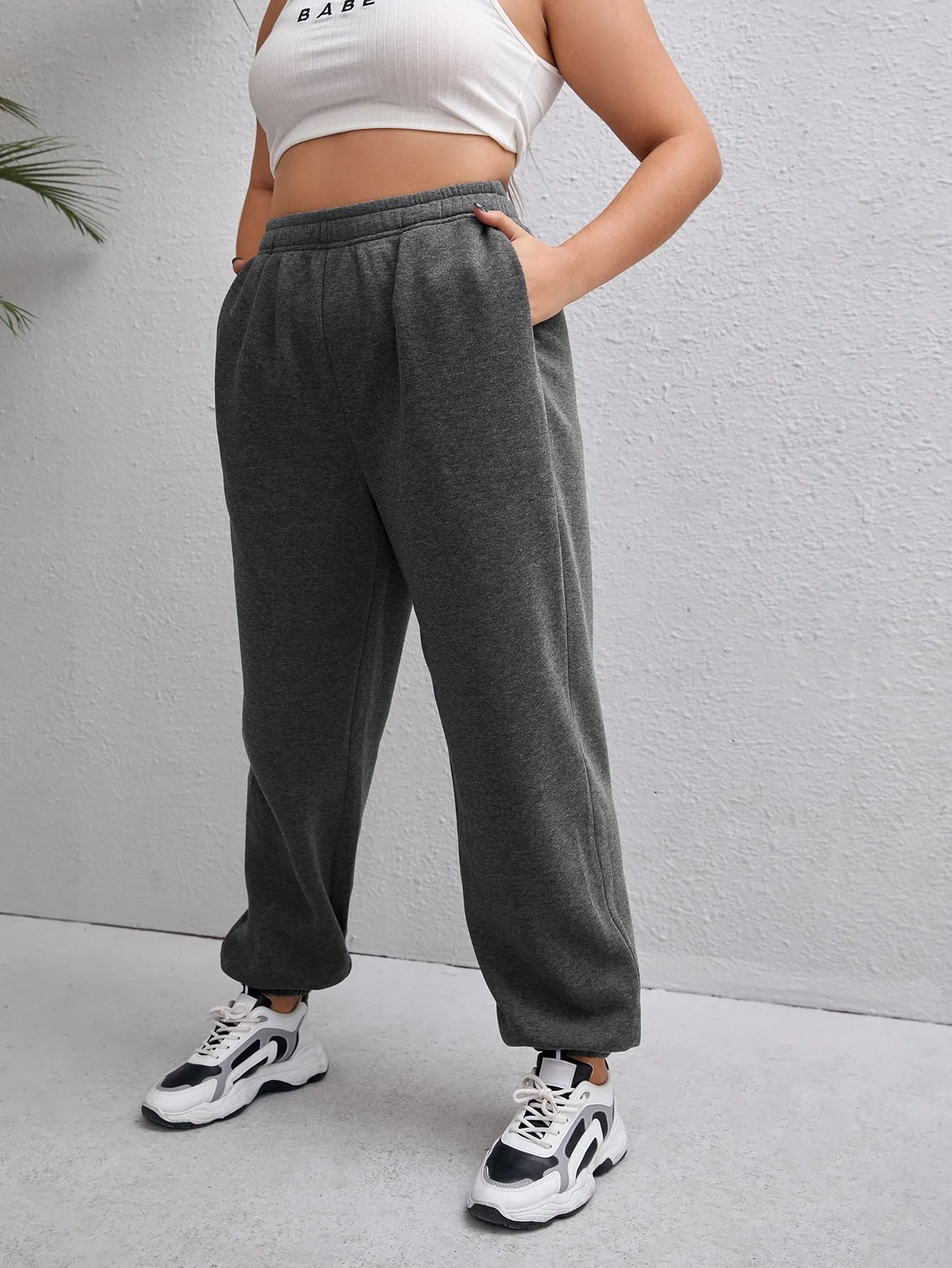 Plain Pocket Natural Long Plus Size Sweatpants