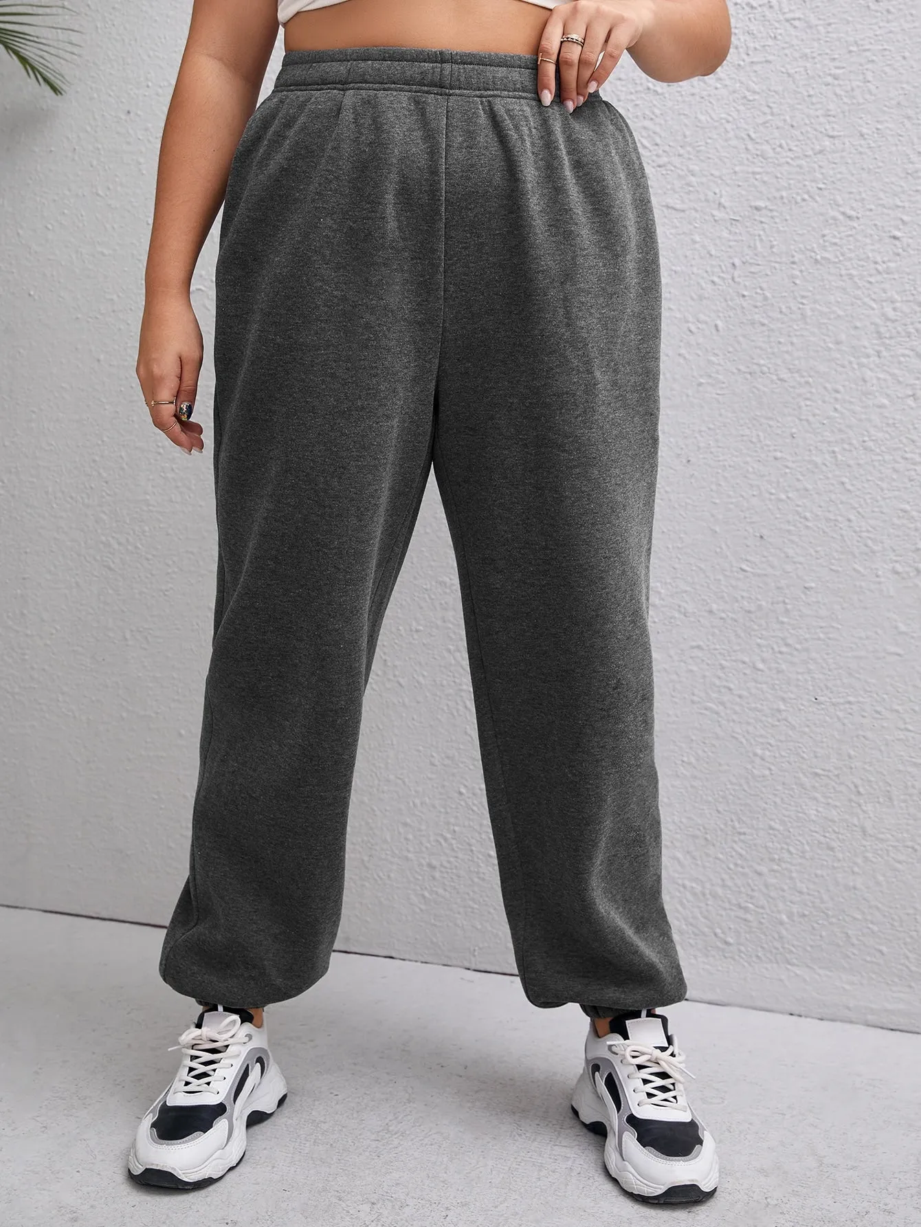 Plain Pocket Natural Long Plus Size Sweatpants