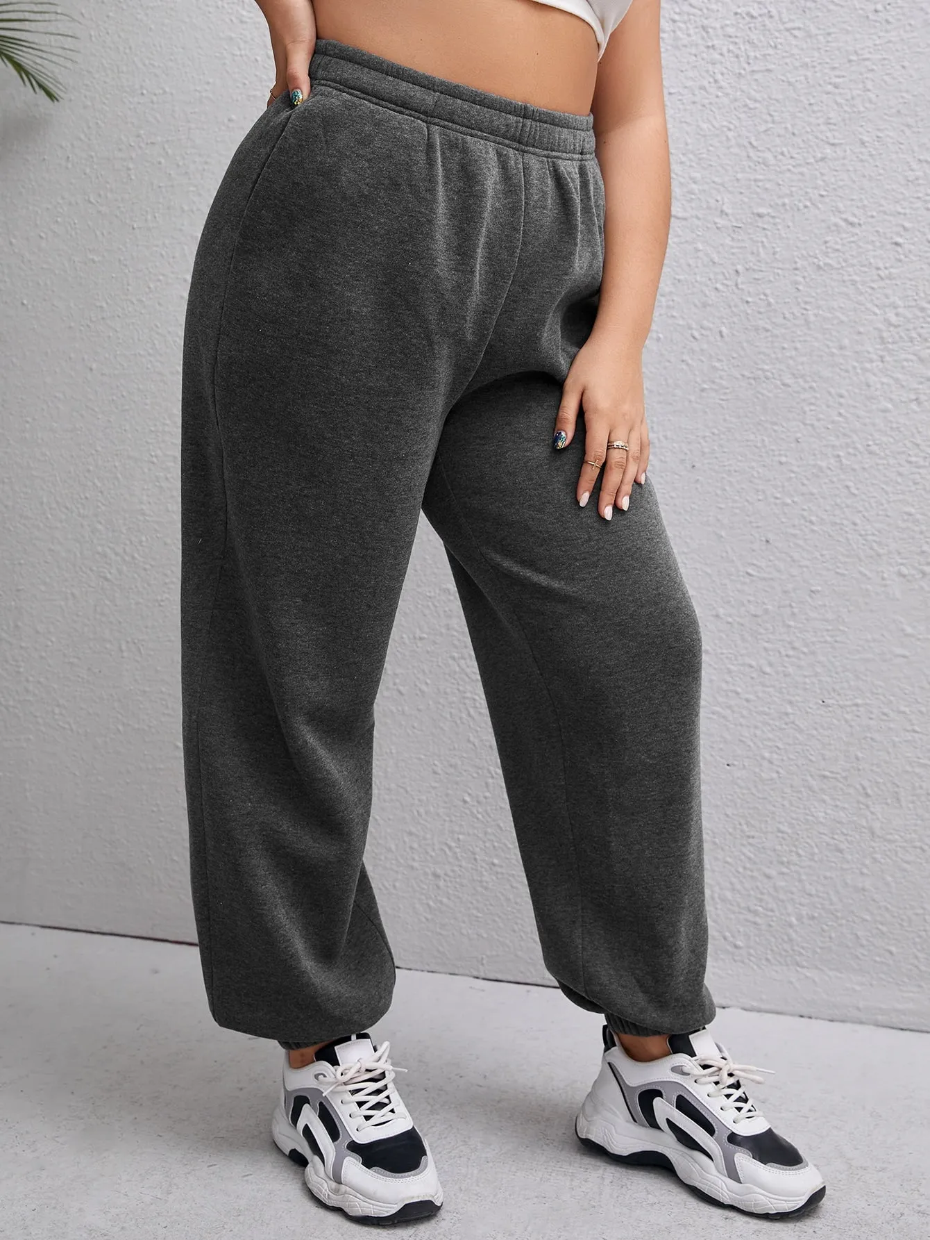 Plain Pocket Natural Long Plus Size Sweatpants