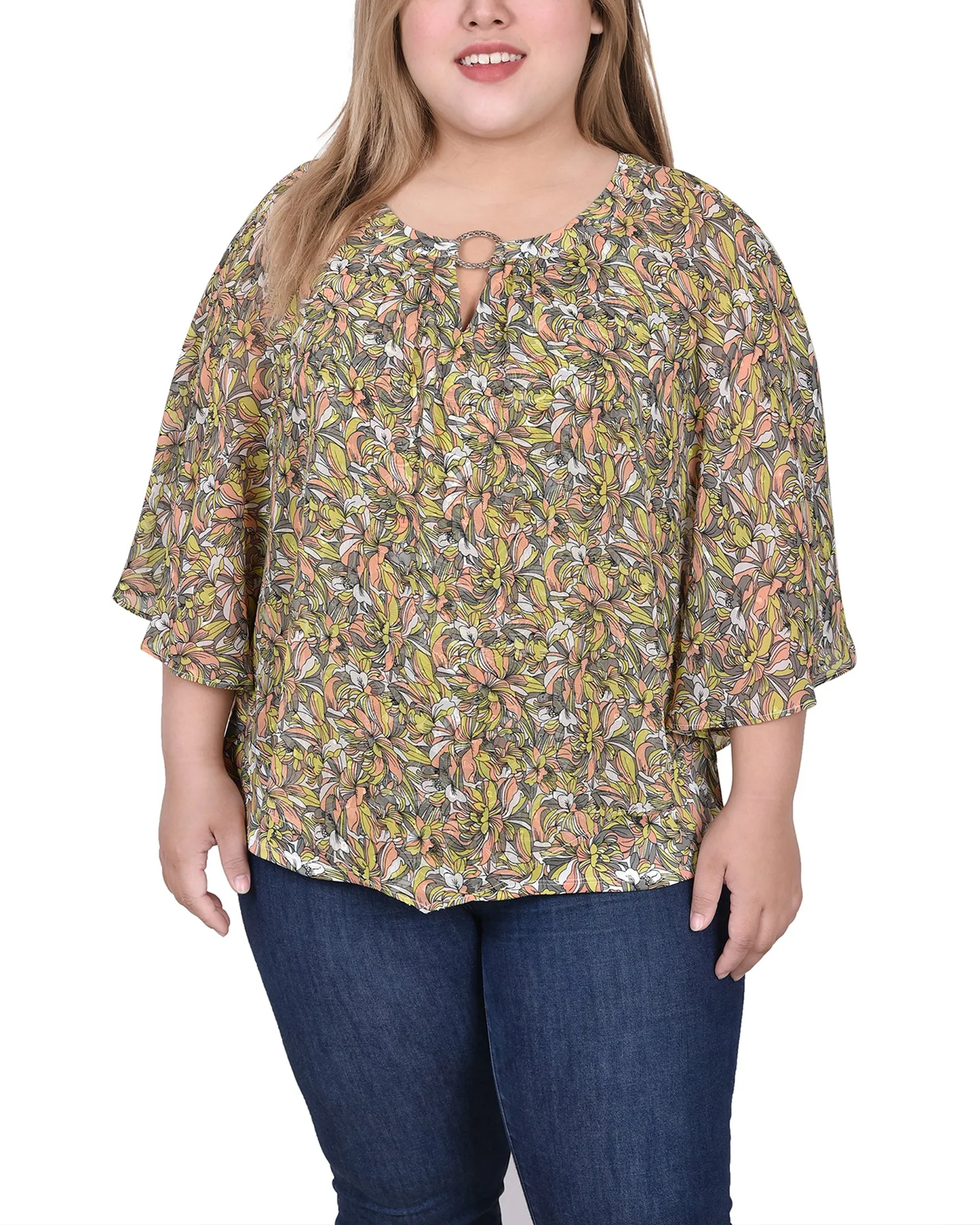 Plus Size Chiffon Poncho Top With Ring