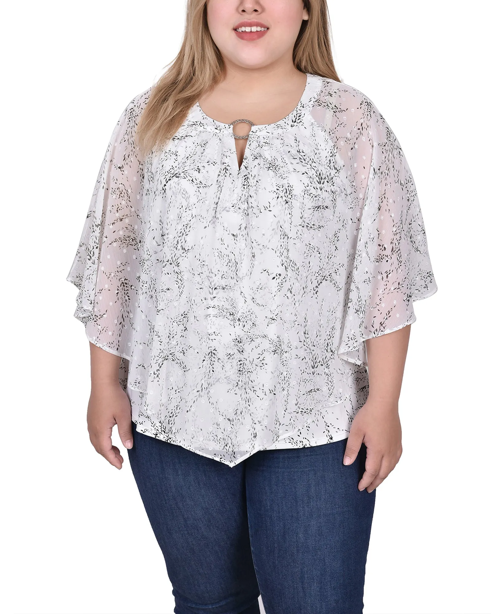 Plus Size Chiffon Poncho Top With Ring