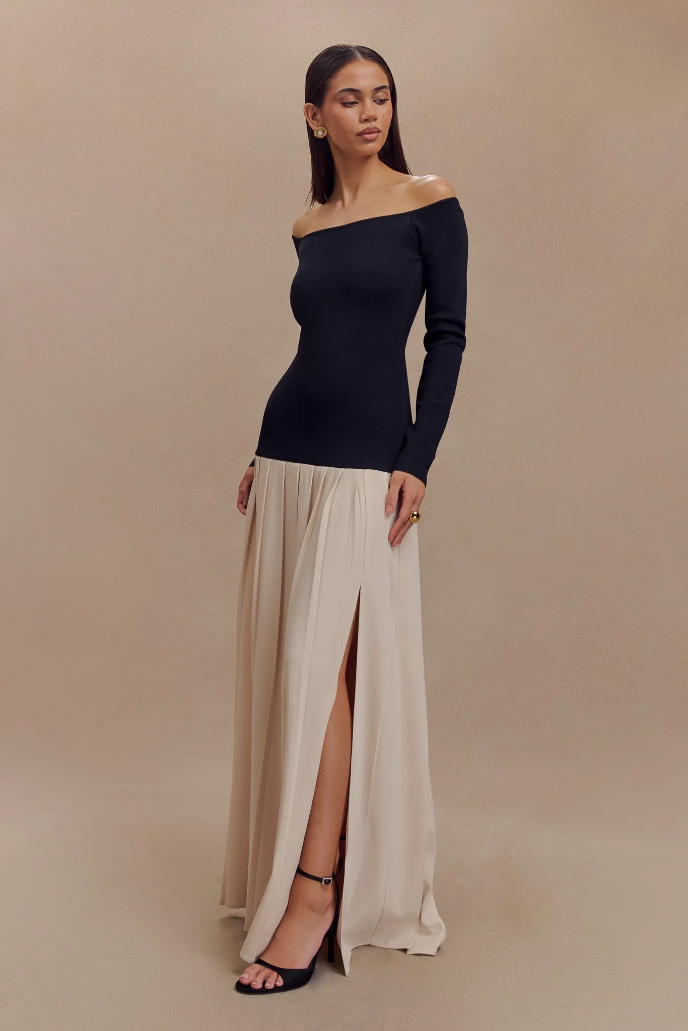 Presley Contrast Knit Off Shoulder Maxi Dress - Navy And Cream