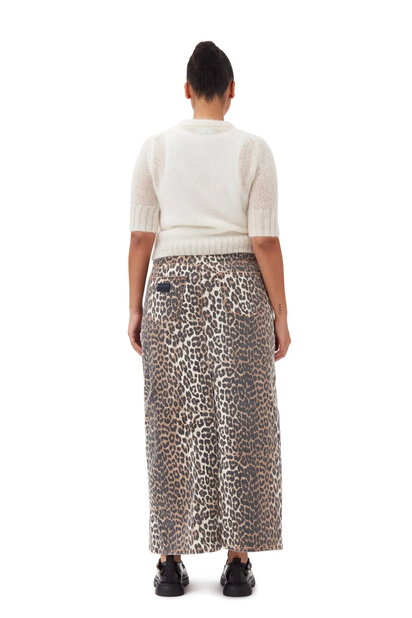 Print Denim Maxi Slit Skirt - Leopard