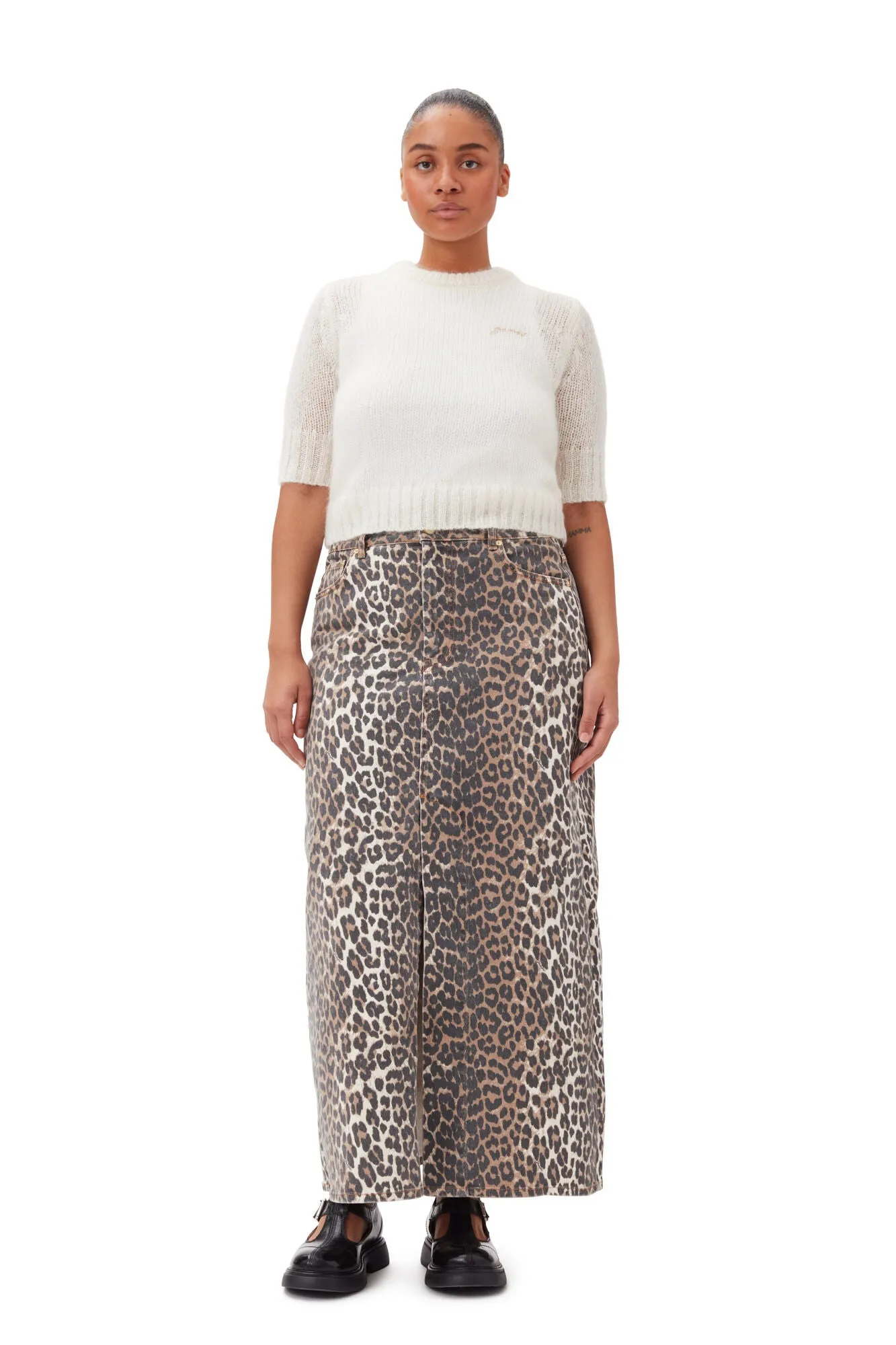 Print Denim Maxi Slit Skirt - Leopard