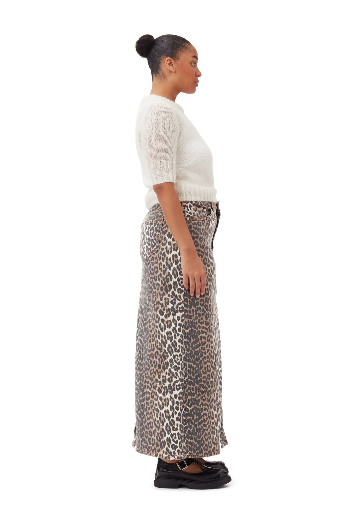 Print Denim Maxi Slit Skirt - Leopard