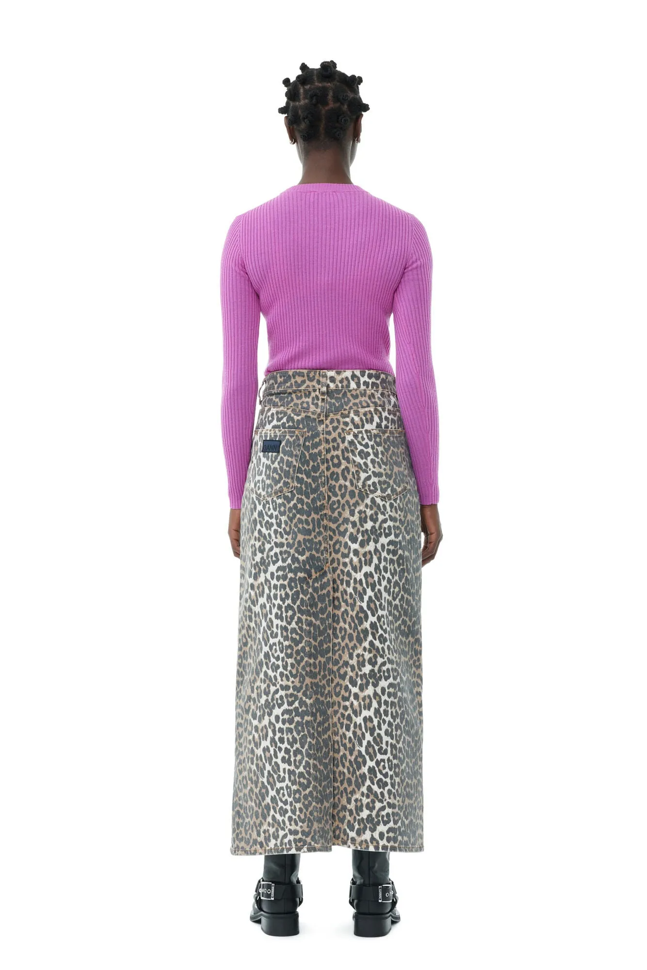 Print Denim Maxi Slit Skirt - Leopard