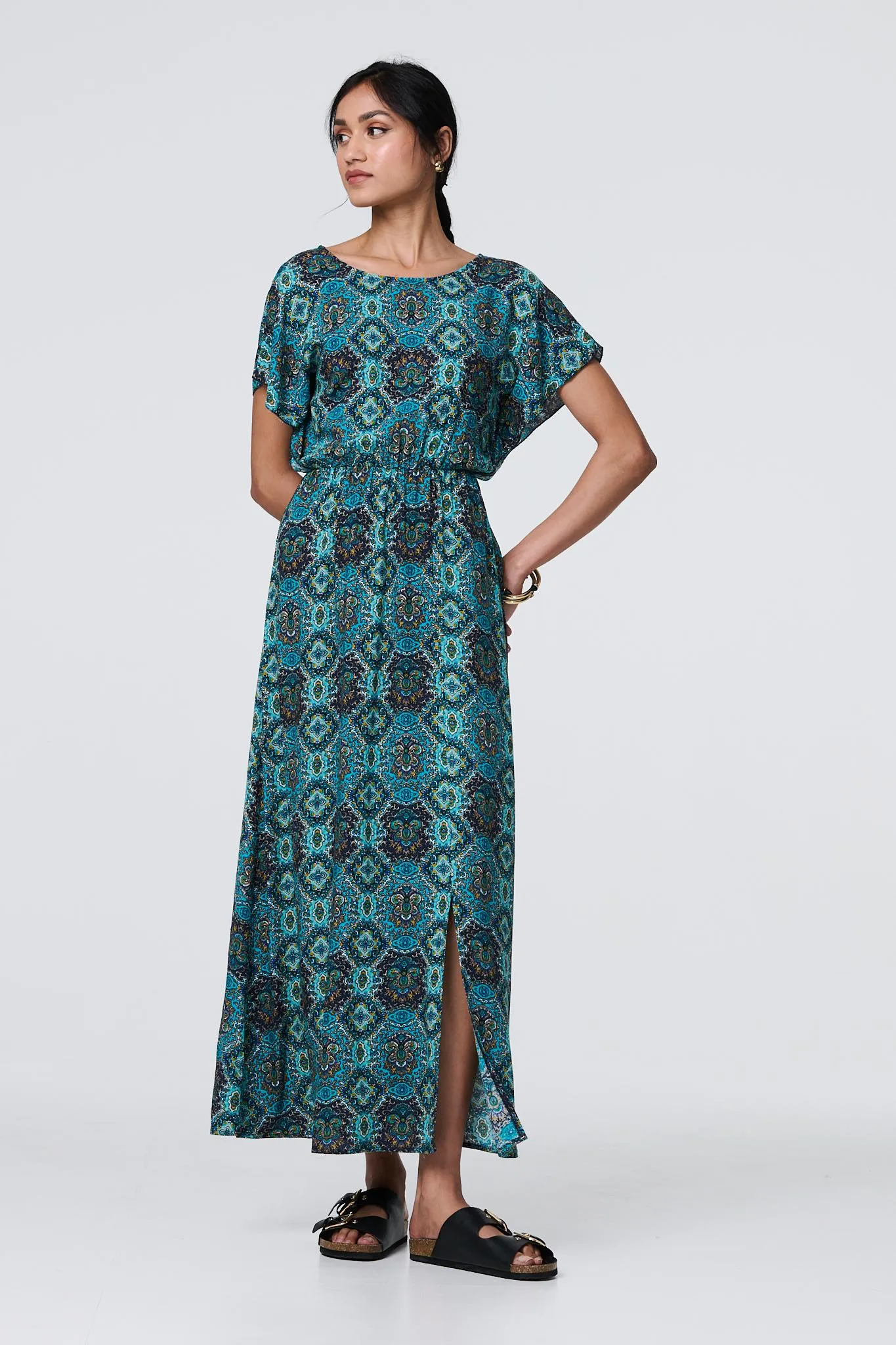 Printed Batwing Sleeve Maxi Dress