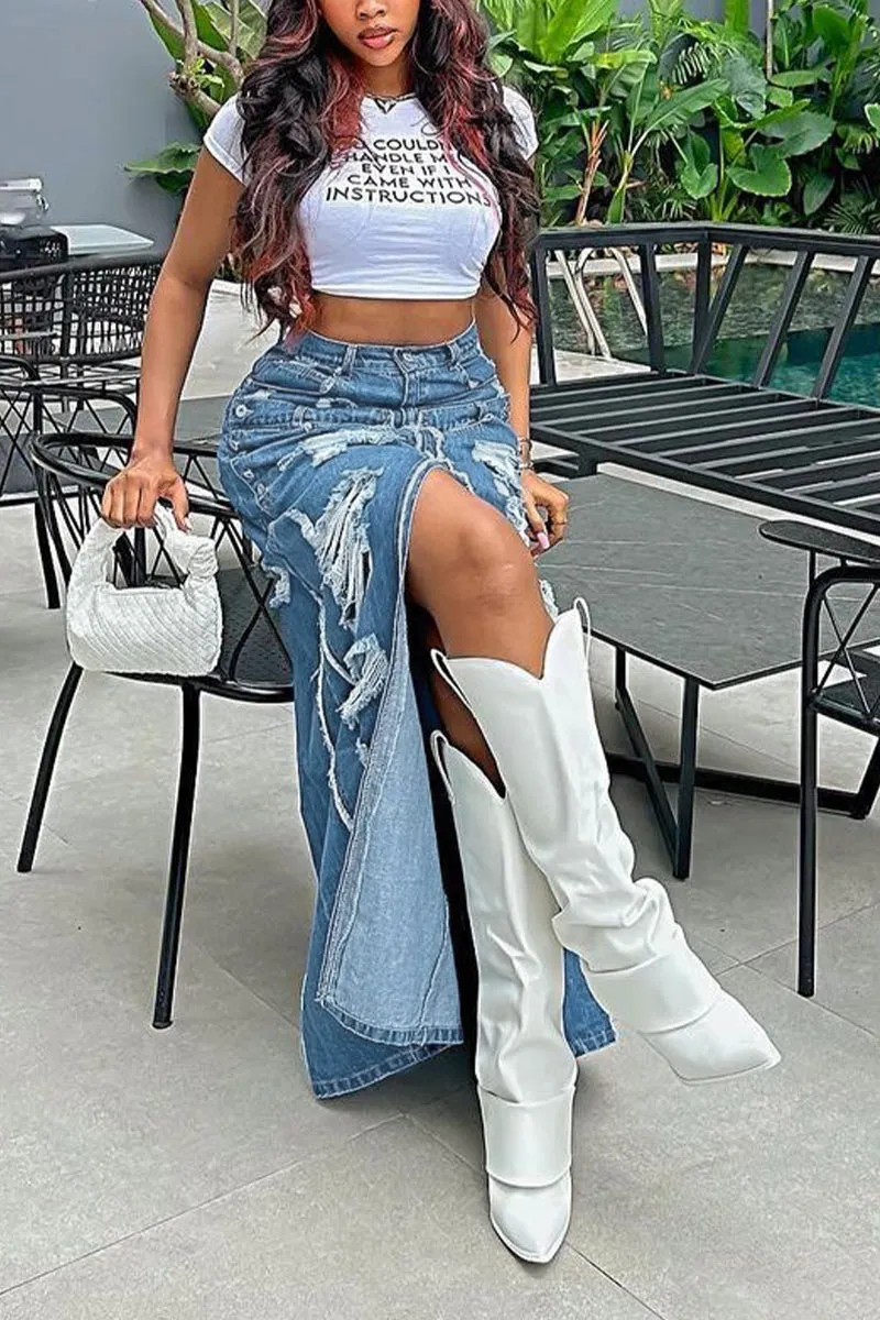 QH626 Denim Cutout Split Maxi Skirt