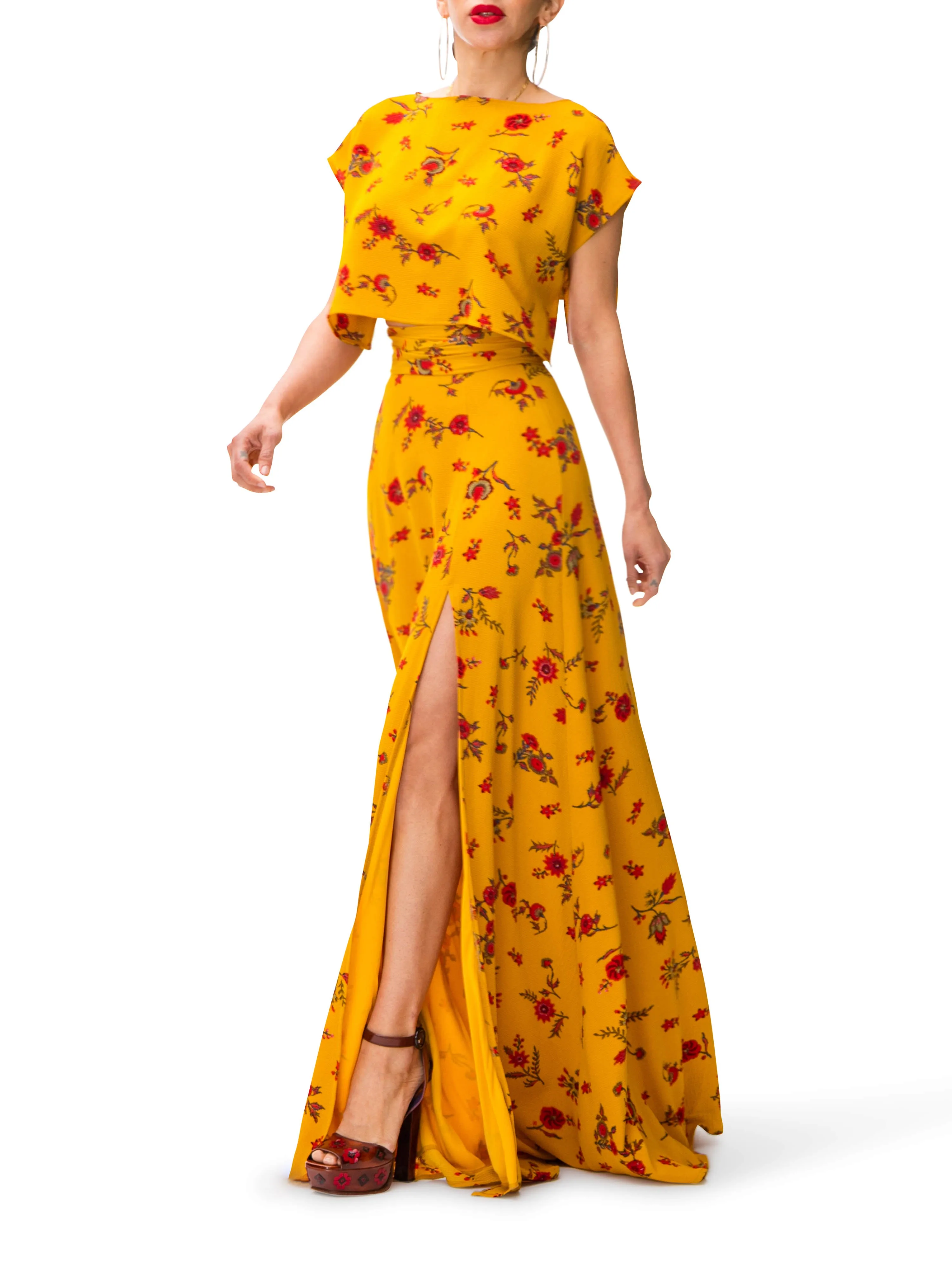 "Marigold" Floral Maxi Skirt w/ Front Slit